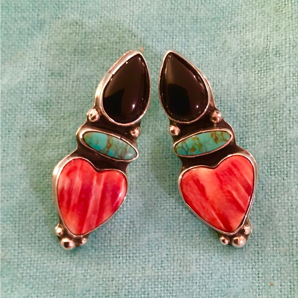 Vintage 80’s Signed Navajo Artisan Crafted Sterling Inlay Tri-Stone Earrings